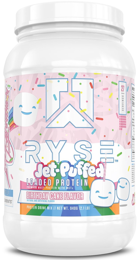 RYSE załadowany proszek białkowy - Jet- Pushed Birthday Cake - 25g Białko serwatki Isolate & Koncentrat z włókna prebiotycznego & MCTs - Niskie węglowodory, niski cukier, Przyjazny do spożycia - 27 Słupki / 2 Lb Tub