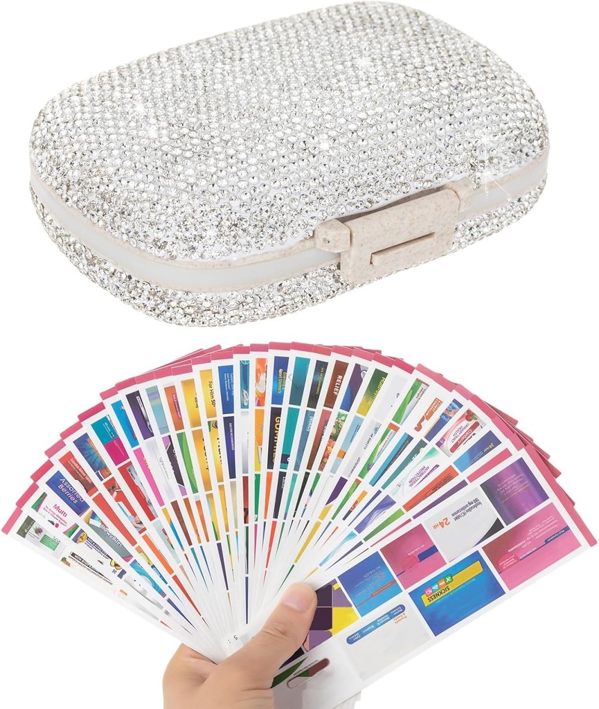 Pigułka Organizator z etykiet Bling Pocket Pill Case z naklejkami Travel Medicine Kit uchwyt mała torebka Pill Pudełko pojemnik przenośny Mini Medication Storage (White & 300 Etykiety)
