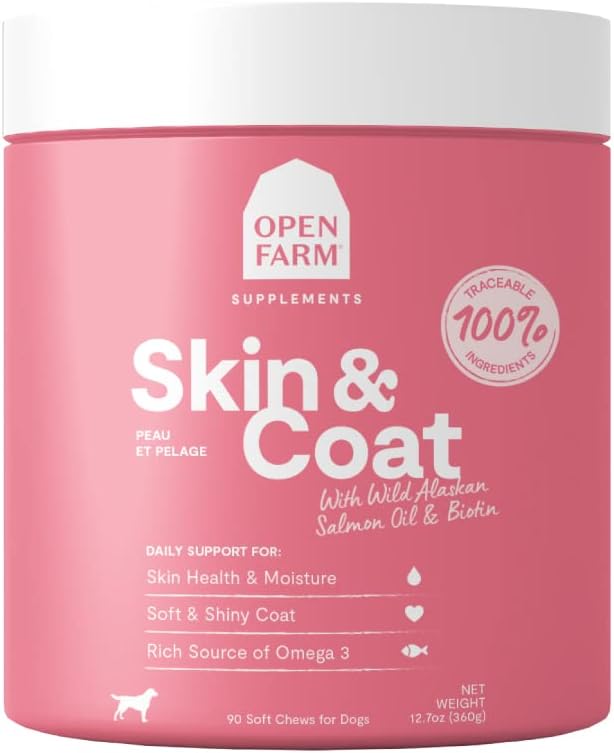 Otwarte Farm skóry i Coat Chews, suplement dla psów, Witaminy psów, Wspiera miękkie i błyszczące Coat Korzystanie Traceable i Vet- Zatwierdzone Składniki, 12.7 oz, 90 Count