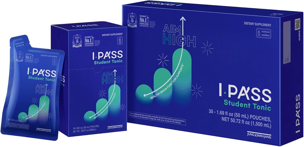 JungKwanJang iPass Student Tonic - Suplement do napoju energetycznego z koreańskiego Red Ginseng, Jujube, Astragalus & Angelica - Daily Support for School and Activities (30 Pouches, 1.69 fl oz)