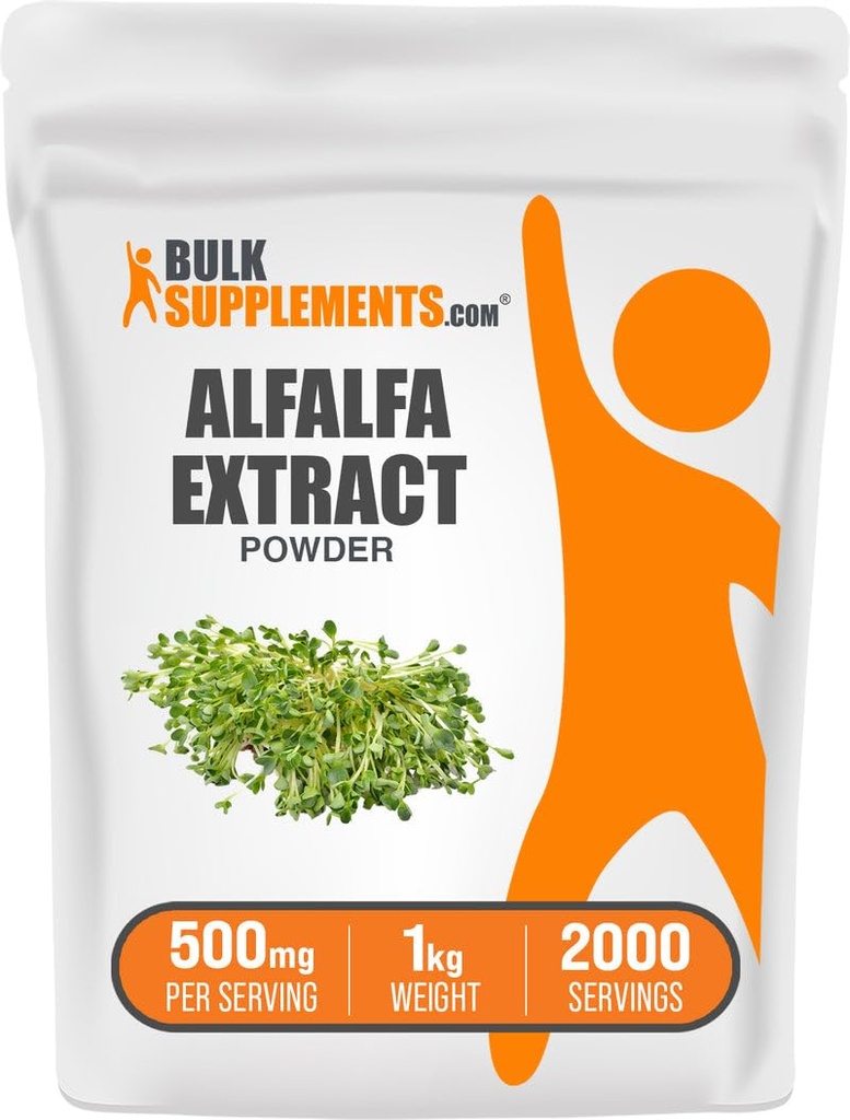 BulkSupplements.com Alfalfa Extract Powder - Alfalfa Supplement, Green Superfood Powder - Vegan & Gluten Free, Green Supplements - 500mg na jedną porcję, 1 kg (2,2 kg) (opakowanie po 1)
