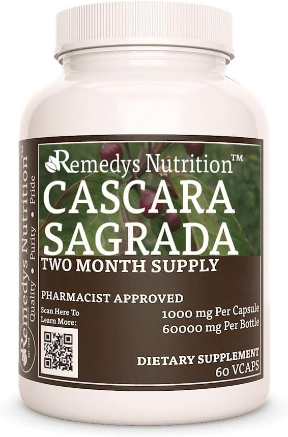 Żywienie Remedy 's Cascara Sagrada 124; 1000 mg, 60 Kapsułek Vegan Herbal Dietetyczny suplement 124; Dwa miesiące dostaw