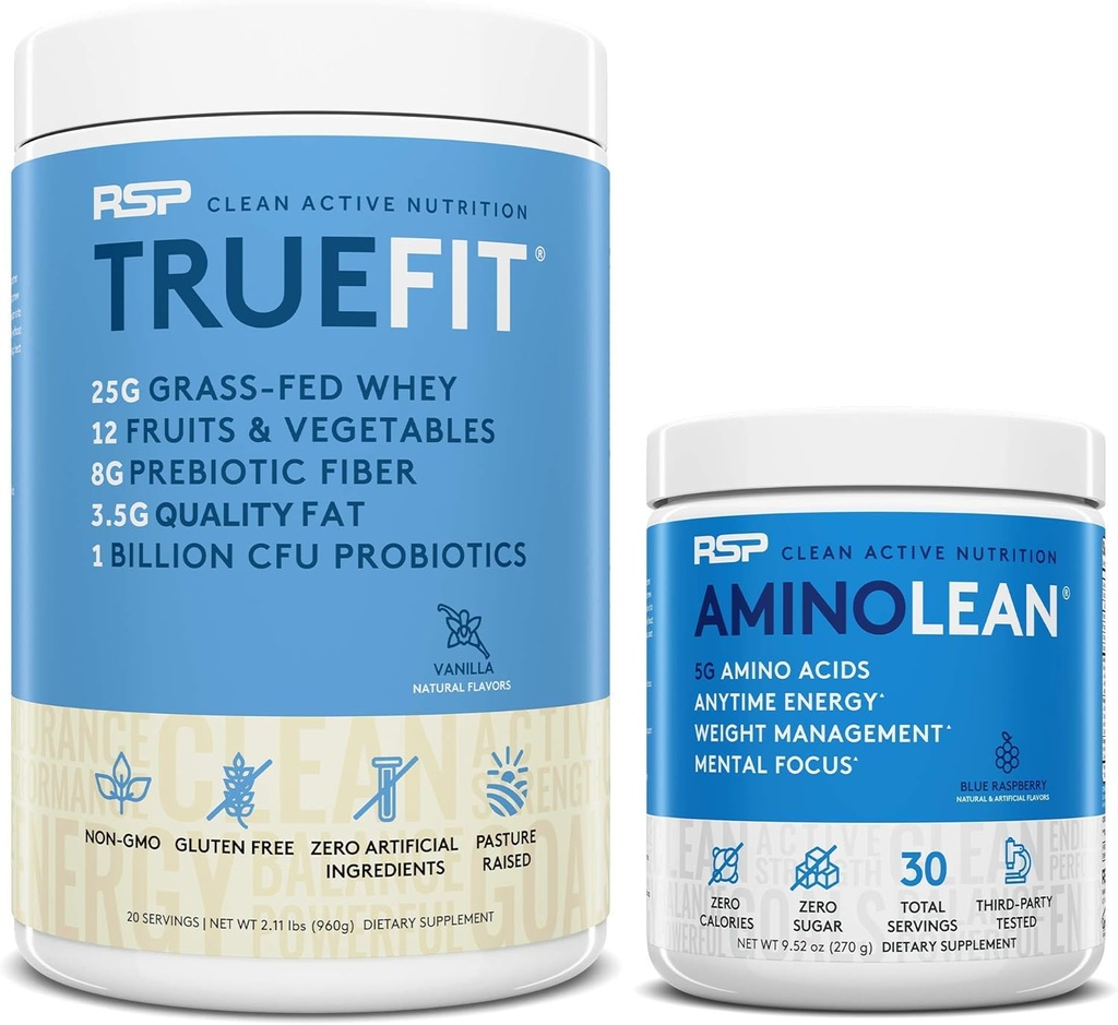 AminoLean Pre Workout Energy (Niebieski Malina 30 Służenia) z proszku protein TrueFit (Wanilia 2 LB)