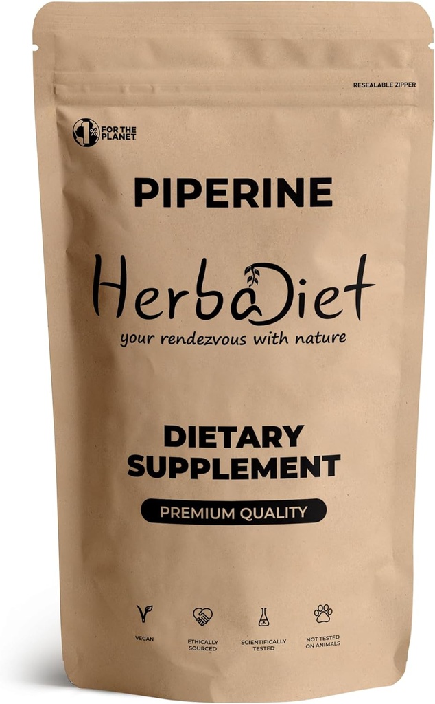 Herbaretide Piperine 95% Proszek Pył 124; Czarny Pieprz ekstrakt Proszek 95% Hplc 124; Biodostępność Wzmacniacz, Wzmacniacz składników odżywczych Uptake 124; Gluten Free, Nie-GMO Suplement luzem (0.35 oz / 10 gm)