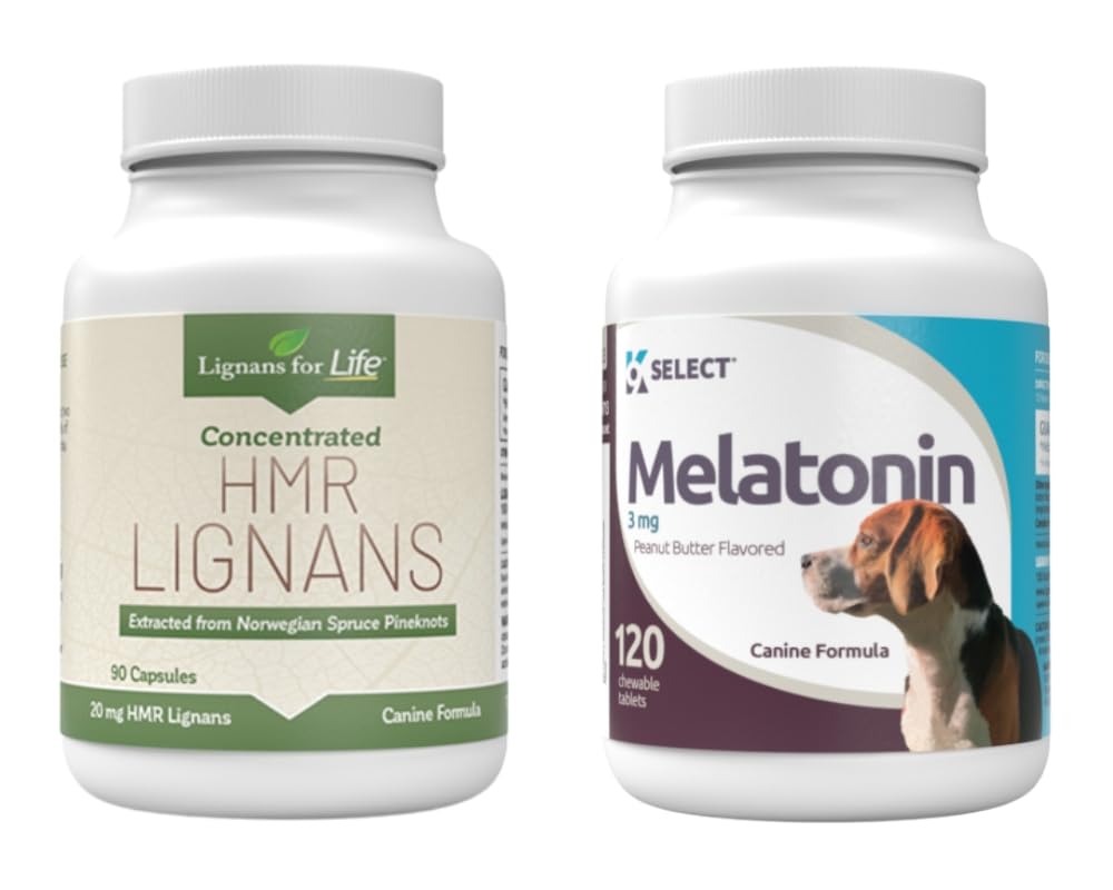 Lignans for Life & K9 Select Pet Care Bundle - HMR Lignans 20mg, 90 Kapsułek - Melatonina & 3mg, 120 Masło orzechowe aromatyzowane tabletki - Multivititamine Dog Wellness Supplement Treats - średniej wielkości Rasa psa