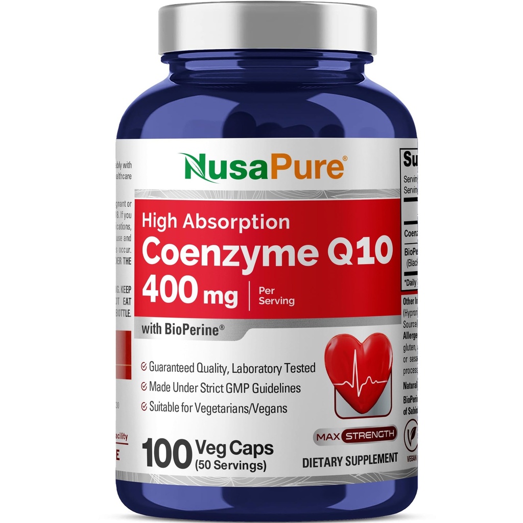 NusaPure CoQ10 400mg 100 Veggie Caps (Vegan, Non-GMO) Koenzym Suplement Q10, Przeciwutleniacz COQ- 10 Enzym, Coq 10