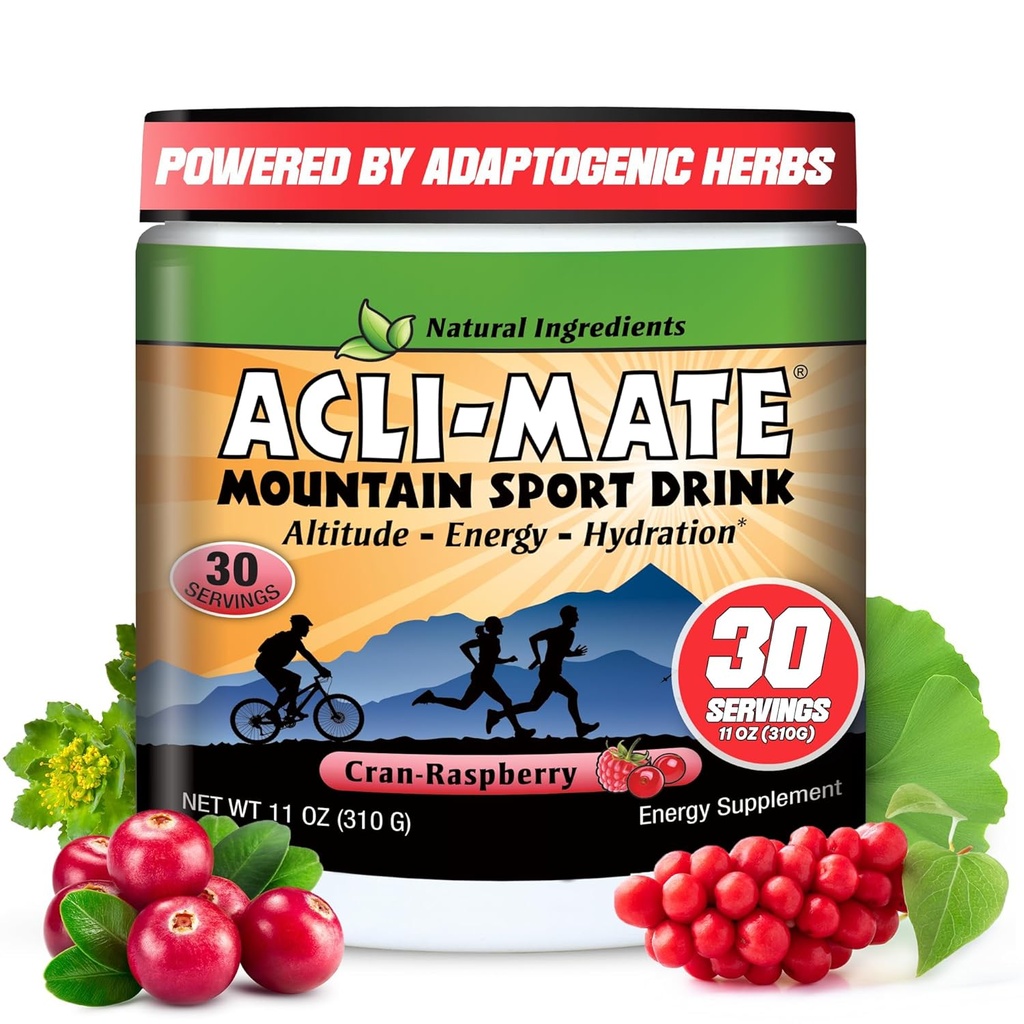 Acli- Mate Mountain Sport Drink Mix - Wysoka wysokość Aklimatyzacja Electrolytes Proszek - Energia Proszek Mix - Odzyskiwanie Napoje nawadniające do biegania, piesze piesze, jazda na rowerze, Podróże i więcej (1 Tub, CranRaspberry)