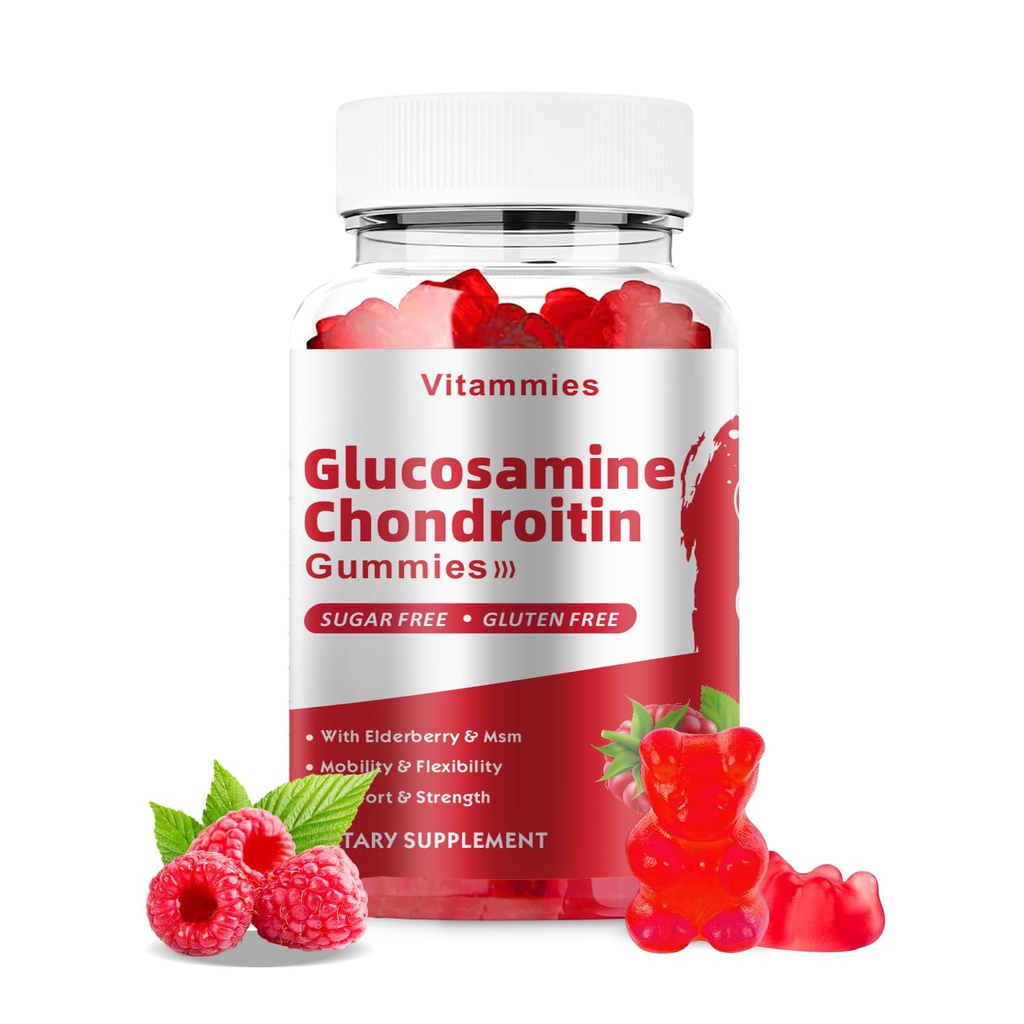 Glukozamina Gummie Chondroitin z MSM & Elderberry Extra Siła - Wspólne wsparcie, Antyoksydant immunologiczny Suplement dla dorosłych, Mężczyźni i Kobiety Minerały, koenzym Q10, DHA - 60 Malina Gummies