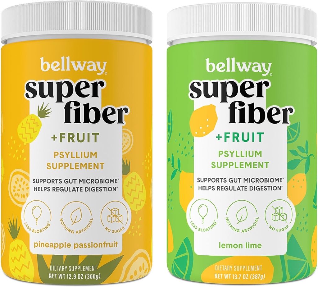 Bellway Super Fiber Powder + Owoce, Bez cukru Organic Pyllium Husk Powder Suplement Fiber do Regularności, Bloating Relief & Gut Health, Non-GMO, Ananas Passion Fruit & Lim cytryny