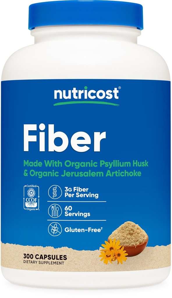 Kapsułki Nutricost Fiber z Prebiotic Fiber Supplement 300 Kapsułki - Made with Organic Psyllium Husk & Organic Jerozolima Artichock, 60 Słupki, Gluten Free, 3 G Per Serving