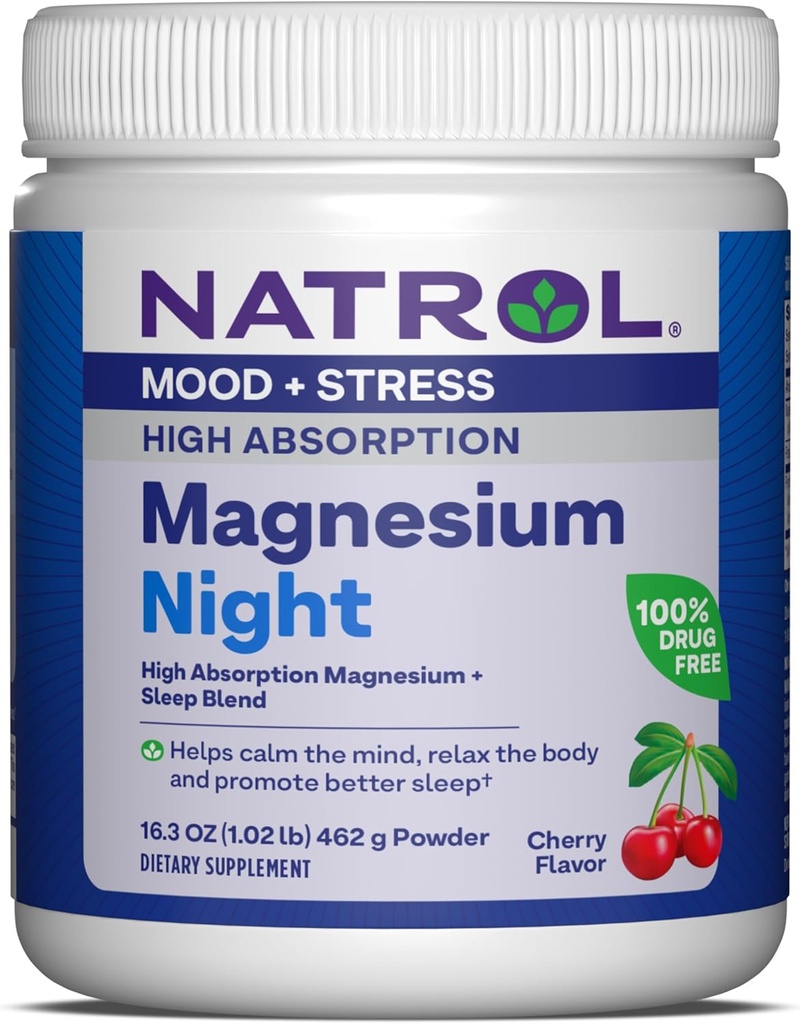 Natrol Magnezu Noc 325 mg, Wysoka Absorpcja Magnezu i Mieszanka senna pomóc uspokoić umysł, Relax ciała i promować lepszy sen, 16.3 OZ z Cherry- aromat proszku, Aż do 60 Day Supply