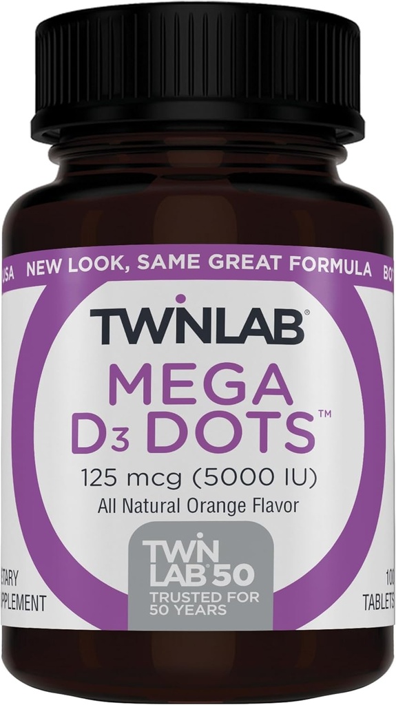 Twinlab Mega D- Dots - Suplement Witaminy D dla zdrowia immunologicznego i wsparcia kości - 100 tabletek pomarańczowych, 125 µg (5000 j. m.) (opakowanie po 2)