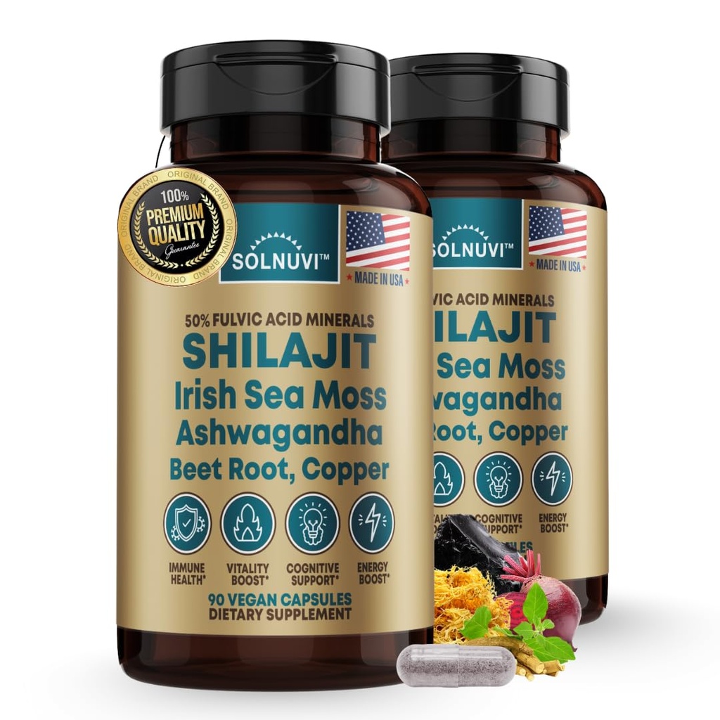 Shilajit Pure Himalayan Organic Kapsułki z irlandzkiego Moss Sea, Ashwagandha, Miedź, Beet Root - Fulvic Acid Trace Minerals Supplement for Men & Women - 90 Count, Non-GMO, Gluten- Free