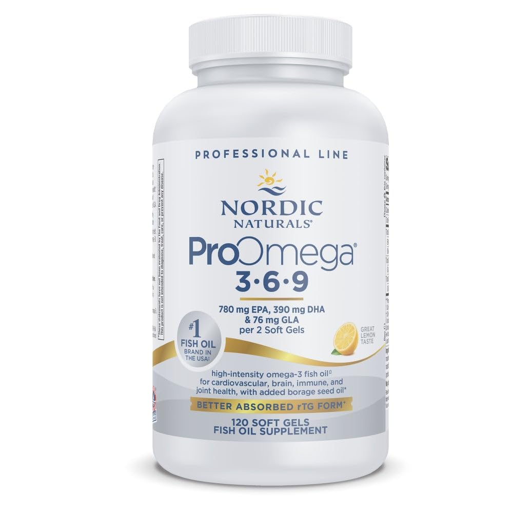 Nordic Naturals ProOmega 3- 6- 9, Lemon Flavor - 120 Soft Gels - 1360 mg Omega-3 - EPA & DHA z dodatkiem GLA - Zdrowa skóra, Cognition, Pozytywny nastrój - Non-GMO - 60 Służenie