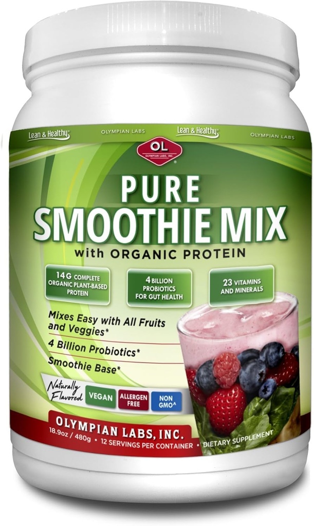 Olympian Labs Pure Smoothie Mix, Pea Protein Powder Plus Probiotyki, Witaminy, Minerały, CLA, & Nasiona Flax.