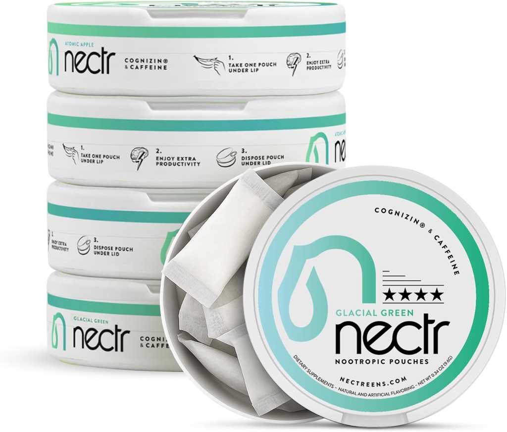 Nectr Energy Nootropic Pouches - Glacial Green Wintergreen Kofeina Pouches z Cognizin ® Citicoline. Leczenie bez cukru. Gładki, Trwały suplement ogniskowy i energetyczny - 5 pudełek po 16 szt.