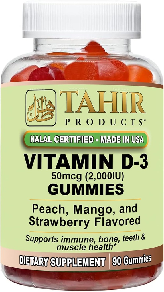Tahir Halal Witamina D3 2000 IU Gummies - Wspiera zdrowie kości i immunologiczne, Promotuje funkcje mięśni, Gluten- Free, Żelatin- Free, 90 Natural Fruit Flavor Gummies, Made in USA - Halal Certified