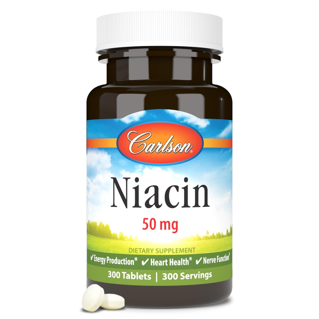 Carlson - Niacyna, 50 mg, wspomaga metabolizm cholesterolu, wytwarzanie energii, zdrowie serca, funkcje nerwowe, 300 tabletek