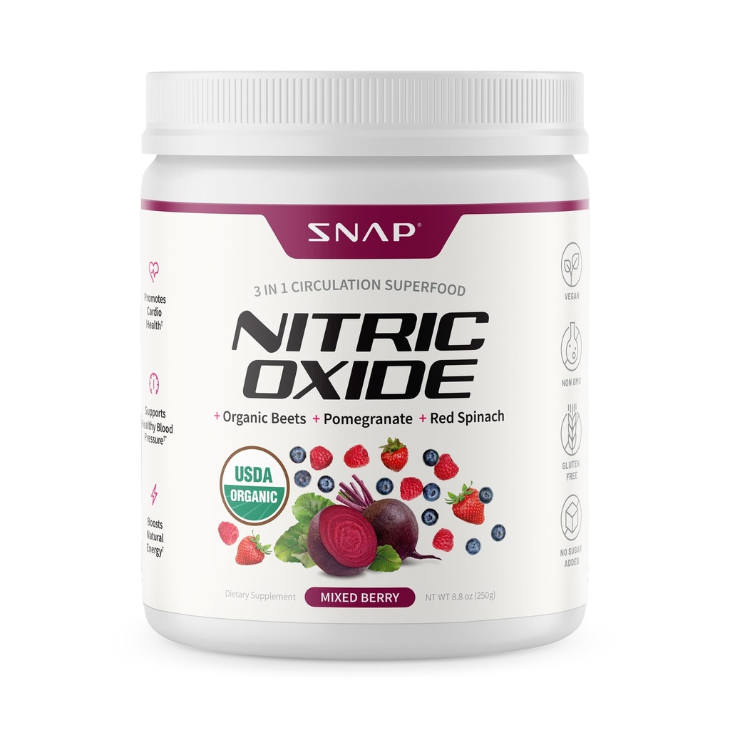 Supplements Snap Organic Beet Root Tlenek azotu w proszku - Wspiera energię i zdrowe cyrkulacji, 8.8 oz (30 Słupki, 1 Miesiąc dostaw), Mieszane Berry