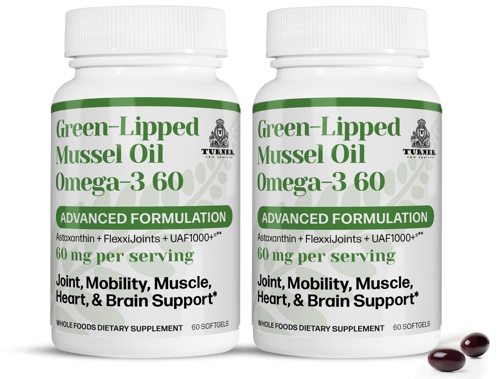 TURNER Nowa Zelandia Zielona Lipped Omega-3 Olej muszli, 53x Wyższa potencja z UAF1000 + Super przeciwutleniacz, No Fishy Aftersmast, 2 Butelki, 120 Softgels