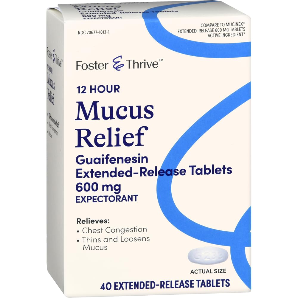 Foster & Thrive Klatka piersiowa Przedłużone wydanie Mucus, 600 mg Guaifenesin Relieves Klatka piersiowa Przekrwienie spowodowane przez Excess Mucus, (Porównaj do Mucinex 12 Hour Extended Release), 40 tabletek