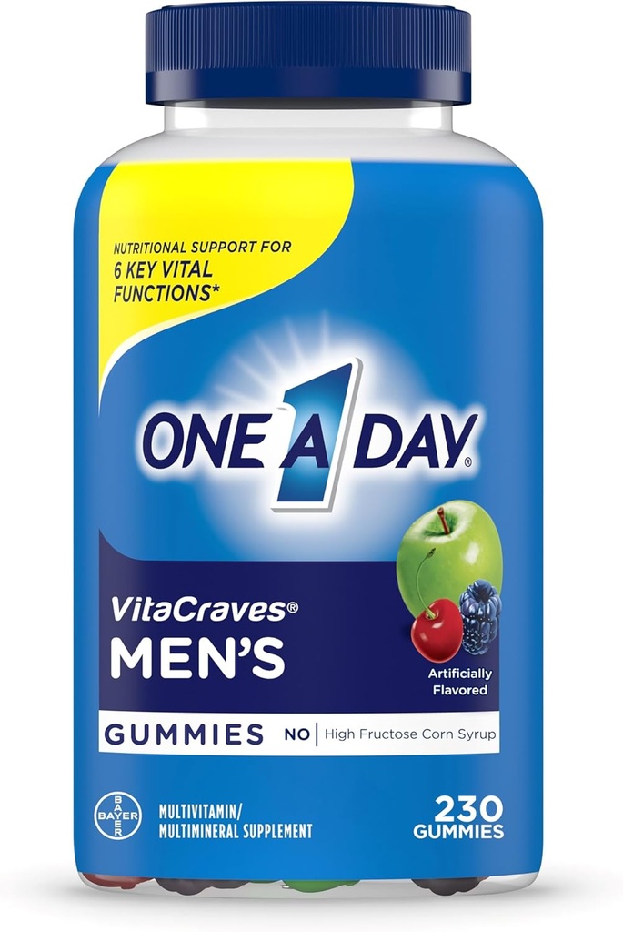 One A Day Men 's Multivitamin Gummies, Multivitamin dla mężczyzn z witaminą A, C, D, E, Wapń i więcej do wspierania zdrowej funkcji mięśni, Gummies, 230 Count