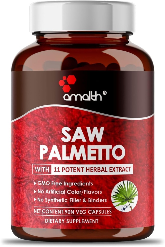 AMALTH Premium Saw Palmetto Capsule- Dodatkowa siła skomponowana z Ashwagandha, Tribulus, Ginger, Maca, Święty Basil i więcej Natural Prostate Support, 90 kapsułki