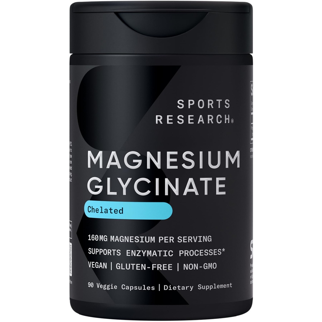 Sports Research ® Magnezu Glycinate - Wspiera Resteful Sleep & Enzymatic Processes - 160 mg Chelated Magnezu - Vegan kapsułki - 90 Count