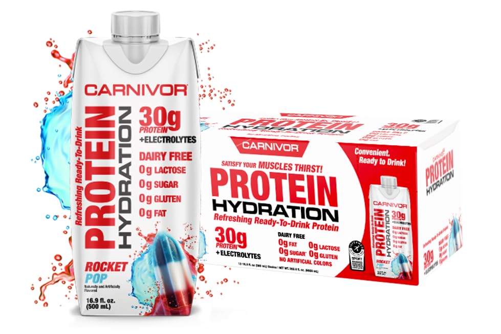 MuscleMeds Carnivor Protein Hydration RTD, Ready to Drink, Lactose Free, Sugar Free, 30g Isolate Protein, Halal Certified, Rocket Pop, 16.9 Fl Oz (Pack of 12)