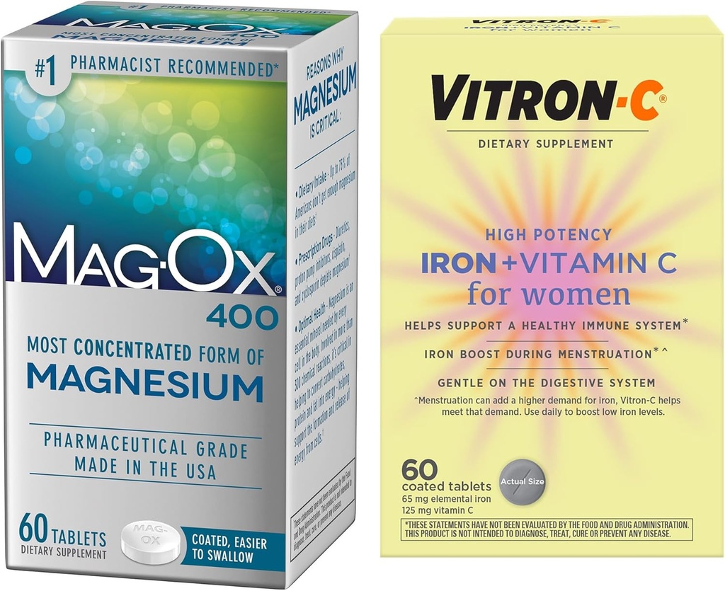 Vitron- C Wysoka moc suplement żelaza, Immunt Support 60ct i Mag- Ox 400 Magnezu suplement mineralny 60ct