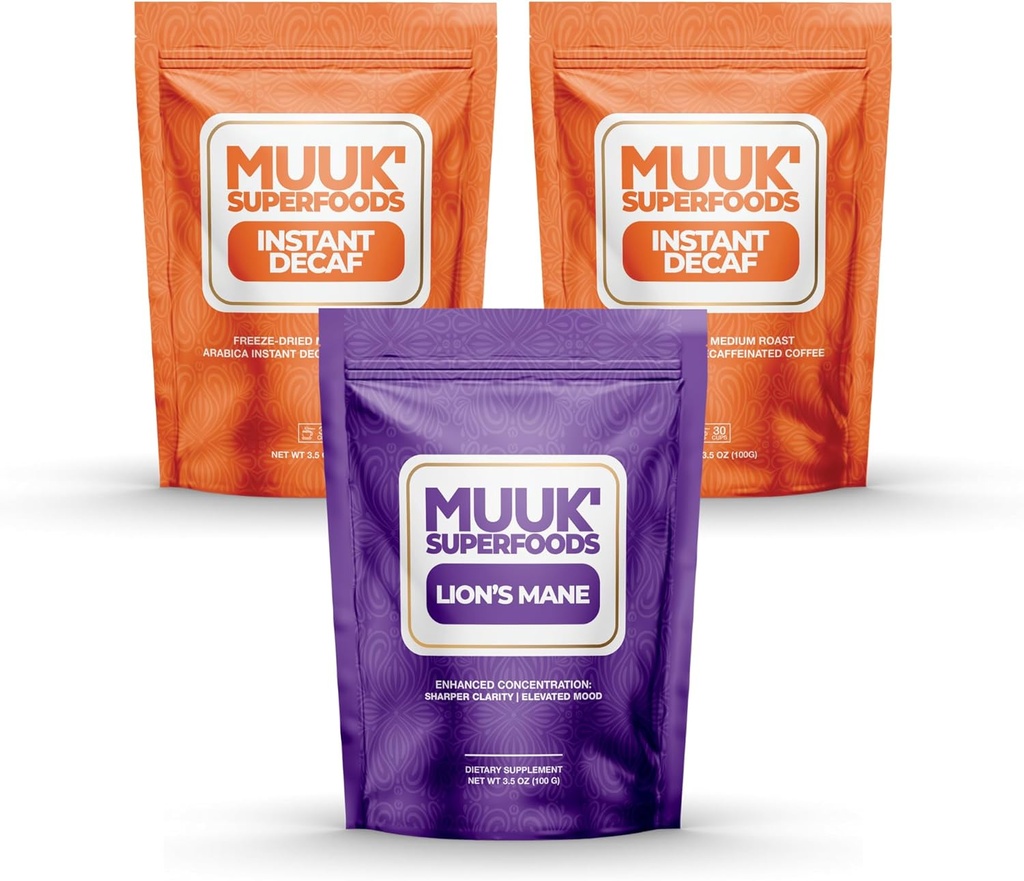 MUUK 'SUPERFOODS ODCINEK 124; Bezkofeinowy Grzyb Kawowy Paczka 124; 60 Słupki Lion' s Mane Mushroom Powder Plus 60 Kubek bezkofeinowej kawy błyskawicznej