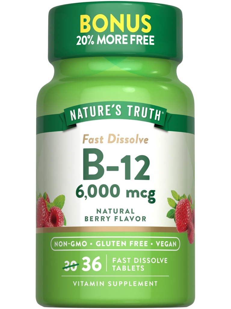Nature 's Truth B12 Witamina 6000 μg 124; Metylkobalamina 124; 36 Tabletki 124; Szybkie rozpuszczenie Natural Berry Flavor 124; Wegan, Non-GMO & Gluten Free