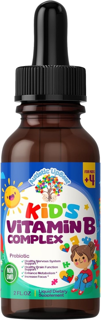 Autystyczny UpBeat: Kid 's Witamina B Kompleks 124; Przyjazne dla dzieci Dropy 124; Nielubiane 124; B1, B2, B3, B6, B7, B9 & Metyl B12 Bloki 124; Funkcje mózgu, Focus, Metabolizm 124; Dzieci B Kompleks Drop Płynnych Suplement