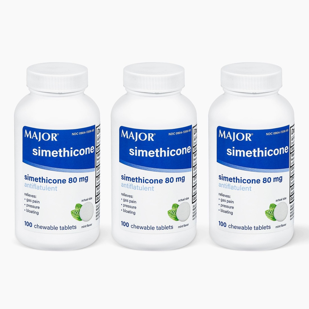 MAJOR Simeticone Gas Relief 80 mg - Przeciwdziałanie wzdęciu, wzdęciu i ciśnieniu gazu - 100 tabletek do żucia (3 opakowania)