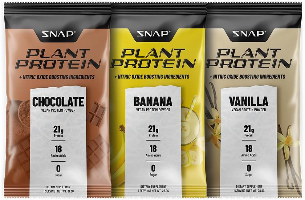Suplementy Snap 100% Opakowania z proszkiem proteinowym na bazie roślin z dodatkiem tlenku azotu (10 opakowań, opakowanie odmianowe)