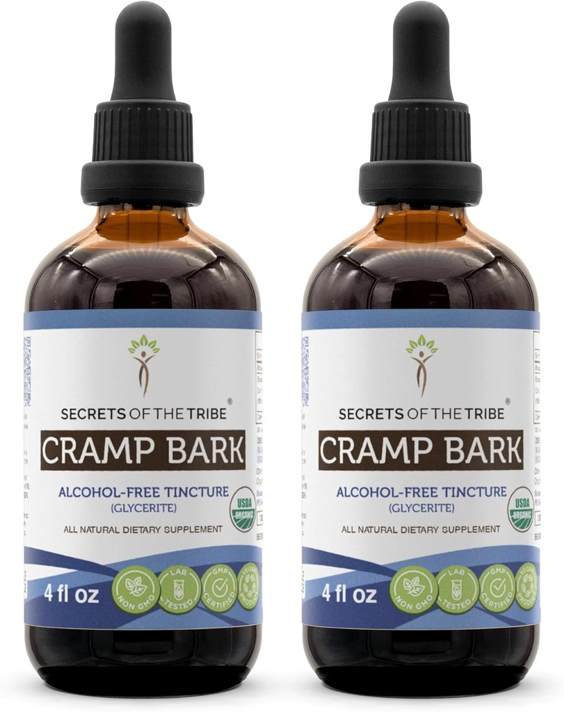 Secrets of the Tribe Cramp Bark USDA Organic Birmingham 124; Alcohol- Free Extract, High- Potency Herbal Drops Birmingham 124; Made from 100% Certified Organic Cramp Bark (Viburnum Opulus) Dried Bark (2x4 FL Oz)
