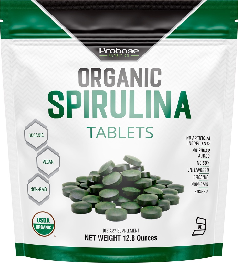 Probase Nutrition Organic Spirulina Suplement, 3000MG Per Serving, 720 Tabletki (4 Miesiące dostaw), No Filler & Non-GMO, Bogaty w białko wegańskie, Witaminy i Prebiotyki, Premium Spirulina Pigułki