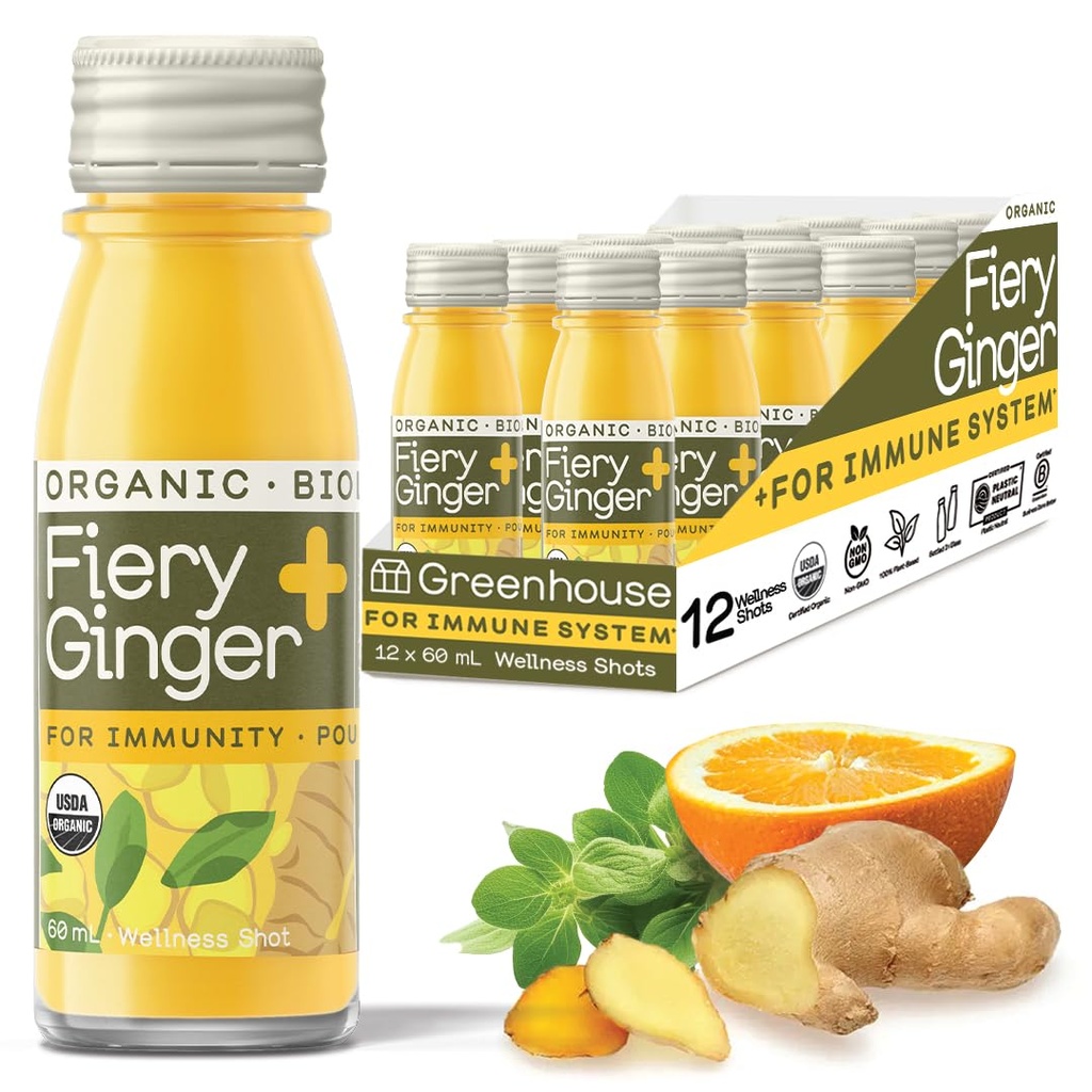 Zielony sok Organiczne ognisko Imbir Wellness Zdjęcia 12- Count 60ml Butelki szklane, Wegan & Gluten- Free