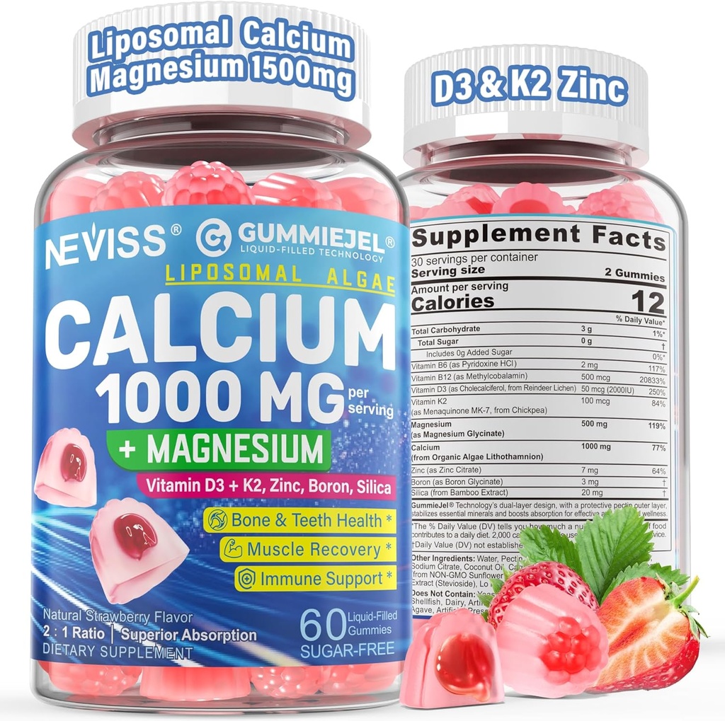 Suplementy wapnia dla kobiet, mężczyzn - Liposomal Wapń 1000mg Witamina D3 K2, Magnezu glicynian, Cynk, Bor, Silica dla Zdrowia Kości - Bezcukrowy wapnia Magnezu Cynk Gumie, Wegan, 60 Hrabia