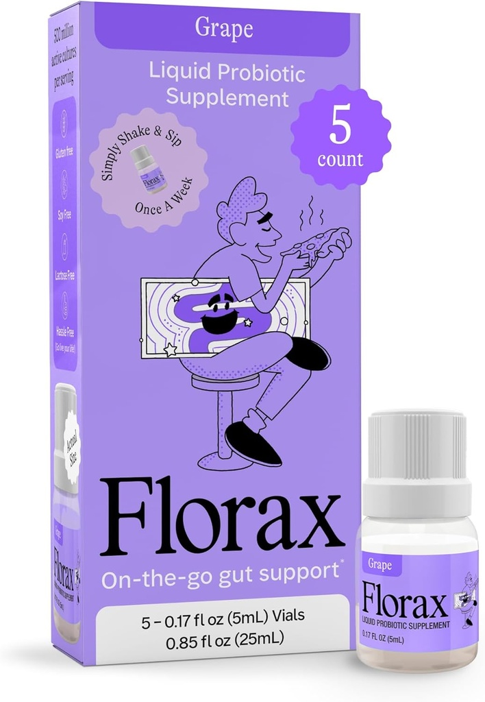Florax - Liquid Probiotic - On- The- go Gut Support for Women, Men, and Children - Vegan, Gluten Free, Laktoza Free, Soy Free i Conservative Free - Grape Flavor - 5 Fials