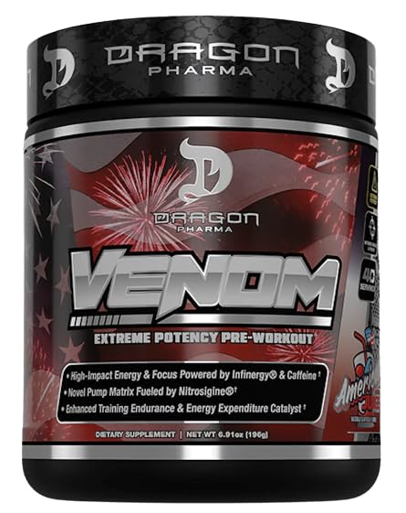 DRAGON PHARMA Venom Extreme Potency Pre- Workout, Laser Sharp Focus + Energia, Intensywna wydajność, Proven Składniki dla ulepszonego Vasodilation & Endurance (40 Służenie, Sok amerykański)