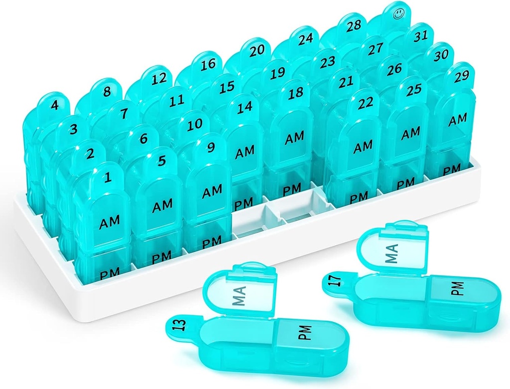 Zoksi Monthly Pill Organizator 2 razy dziennie, 30 dzień Pill Box Organizator Am Pm, Codzienne Pill Case z 32 Duże Komory na każdy dzień, Przenośny pojemnik na Pill Podróże dla witamin i medycyny (Cyan)