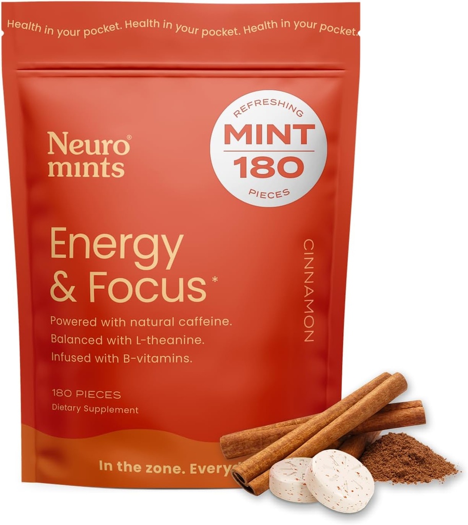 Minty kofeinowe energii NeuroGum (180 kawałków) - Cukier wolny od L- teaniny + naturalnej kofeiny + witaminy B12 & B6 - Energia nootropowa i suplement ogniskowy dla kobiet i mężczyzn - Keto & Vegan, Cynamon Flavor
