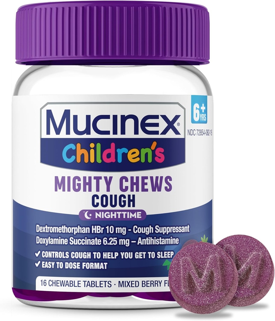 Mucinex Mighty Chews Night Kids Cough Medicine, Easy to Dose Cough Suppressant z Dextromethorphan, Kids Travel Medicine for Cough, Mieszany aromat jagodowy, 16 tabletek do żucia