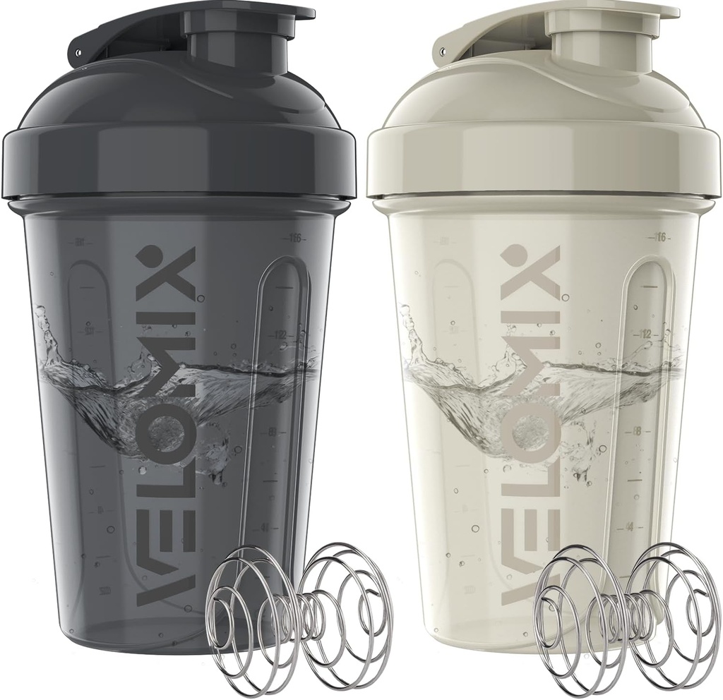 VELOMIX -2 Pack - 20 oz butelki shaker protein do mieszania białek - 2x whiskey drut 124; szklanki shaker do shake 'ów protein i pre Workout 124; opakowanie butelki shaker protein (Gray / White)