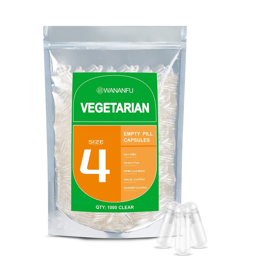wananfu Rozmiar 4 Puste kapsułki wegetariańskie (1000 hrabiego), Klare Fillable Veggie Pill Kapsułki Rozmiar 4 do tworzenia własnych suplementów