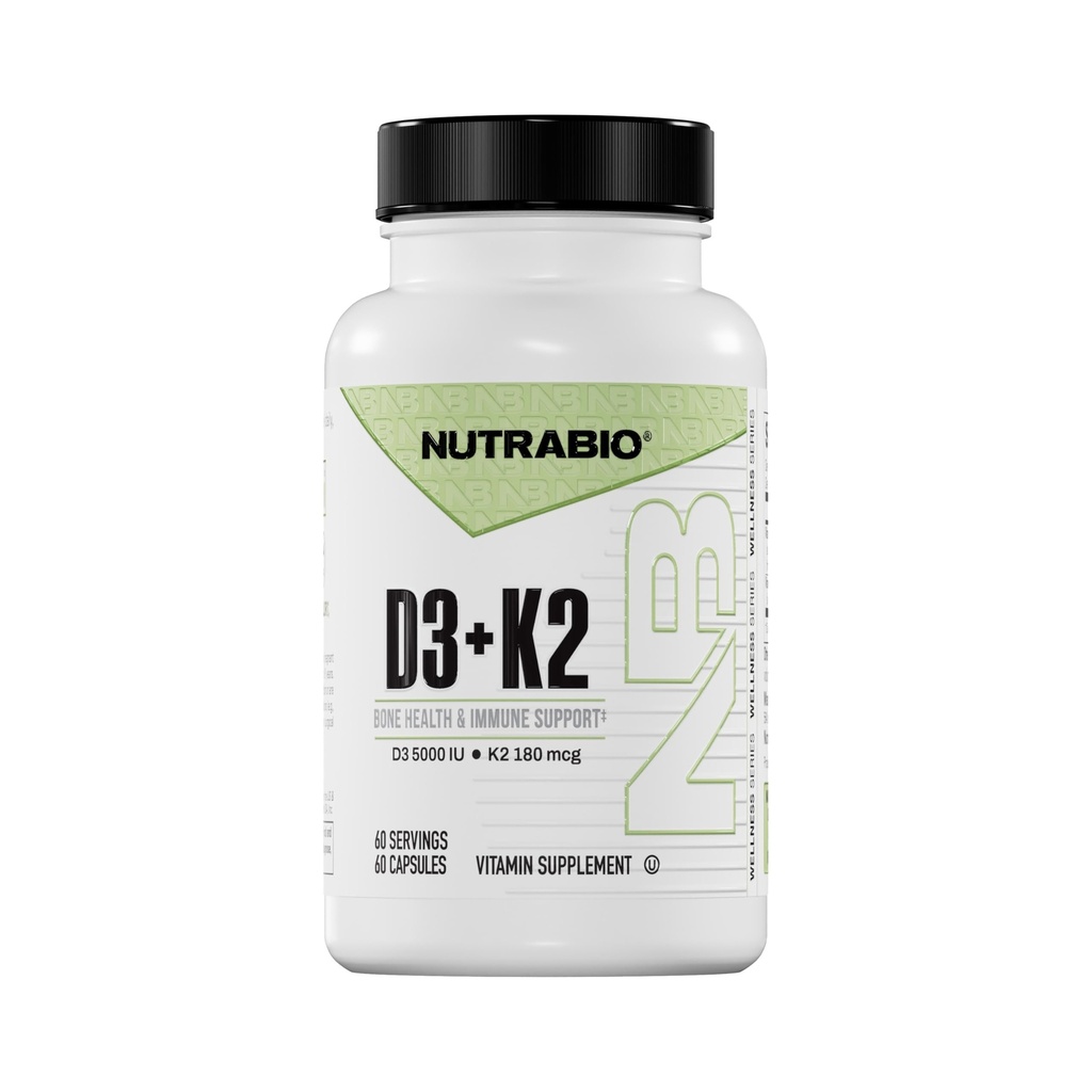 NutraBio Witamina D3 K2 Witamina 124; 5000 IU D3 jako Cholekalcyferol z Witaminą K2 jako MENA- Q MK7 (180mcg) Witamina 124; Wsparcie zdrowia kości i serca 124; Non-GMO, Gluten wolny, Laktoza wolna 124; 60 Kapsułki roślinne