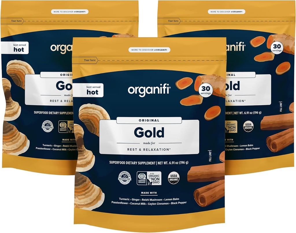 Organifi: Gold - Superfood Supplement Powder - 90 Servings (3 Pack) - Wsparcie stresowe, Lepszy odpoczynek, Relaks i Promotes Resteful Sleep - Turmeric i Reishi Infused