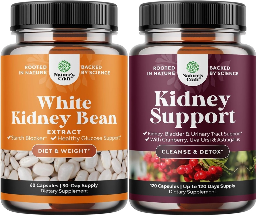 Bundle of Natural White Kidney Bean Extract - Digestive Health Dietary Fiber and Workout Supplement for Men and Women and Kidney Support Cranberry Supplement for Bladder Health