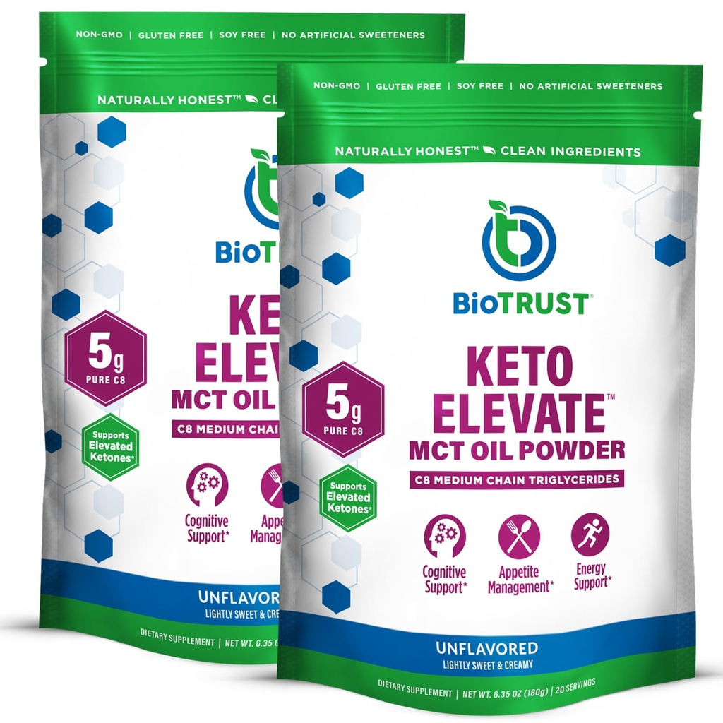 BioTrust Keto Elevate - C8 MCT Oil Powder - Ketogenic MCT Coffee Creamer, Keto Coffee Creamer - Clean Energy, Mental Focus & Clarity - 100% Capiline Acid MCT Powder, Non-GMO (Unflavored, 40 Servings)